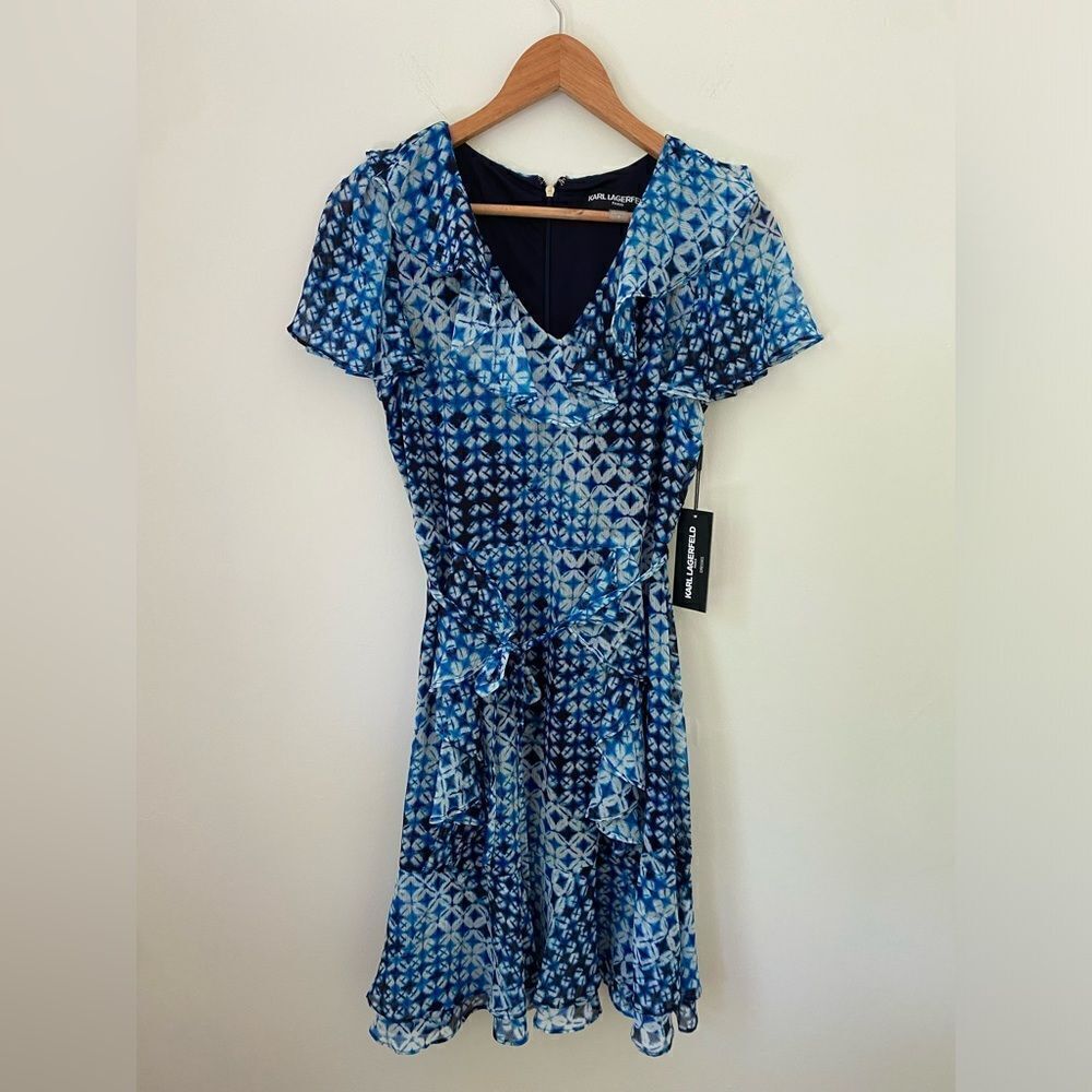 KARL LAGERFELD PARIS  Blue Printed Flutter Sleeve Dress - Picture 16 of 16